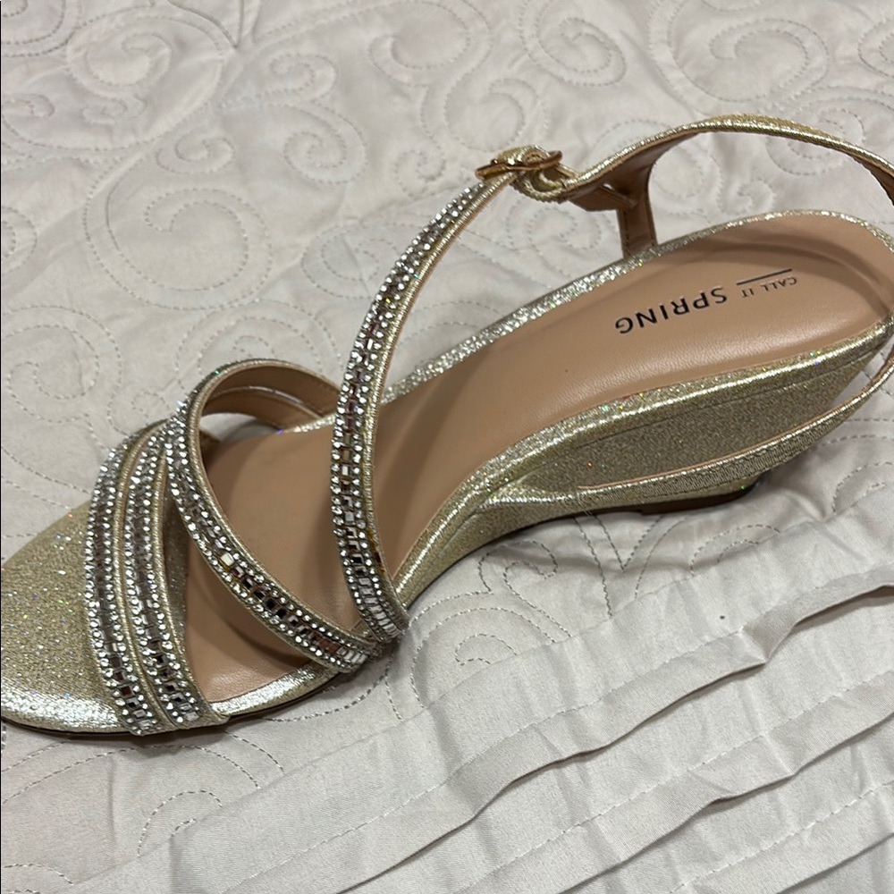 Call It Spring Gold Open Toe Sandals with Rhinestone Straps